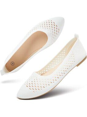Women's White Breathable Pointed Toe Slip on Casual Loafer Ballet Flat Shoes